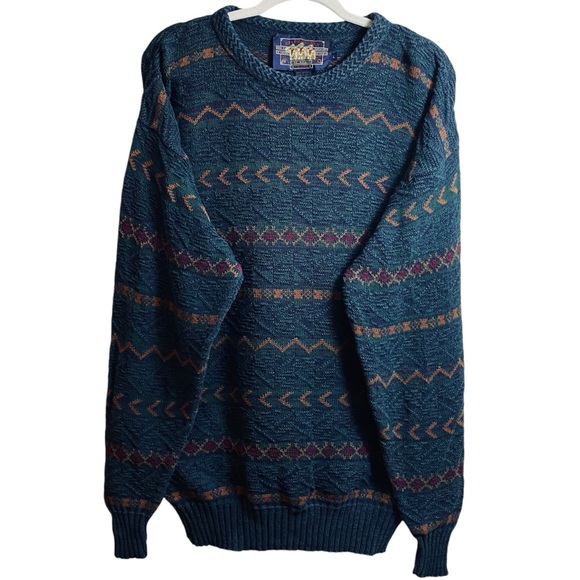 Ralph Lauren Vintage Men’s 100% Cotton Made in USA Chevron Jacquard Sweater Lg - Picture 2 of 5